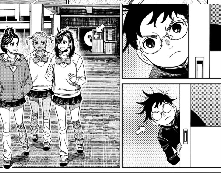 Okarun mengikuti Momo dari kejauhan di Dandadan Chapter 213